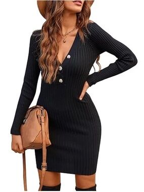 Black Ribbed V-Neck Button-Front Sweater Dress